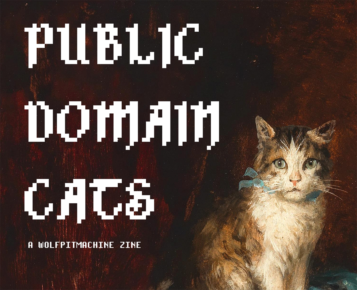 Public Domain Cats zine cover - a painted cat with brown stripes and a white mouth and belly sits wide-eyed beside text that reads Public Domain Cats, the cat has a blue ribbon around its neck