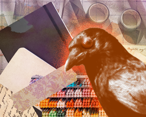 Article 01 cover - a glowing orange crow with a human eye stares at the forefront of the image, behind them are assorted notebooks, a strip of washi tape, and an organizer full of different markers