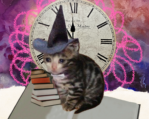 Article 3 cover - a witch-hat adorned sad cat stands atop an open book with a stack of books at its side, a large clock framed by pink scribbles sits behind it