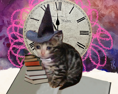 article cover image: a witch-hat adorned sad cat stands atop an open book with a stack of books at its side, a large clock framed by pink scribbles sits behind it