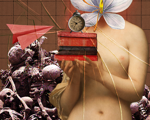 Article 04 cover - a topless feminine figure a crocus flower for a head stands holding a stack of books with an alarm clock on top, behind her is a pile of skeletons and a paper airplane flies towards the clock, a crack fractures the entire image