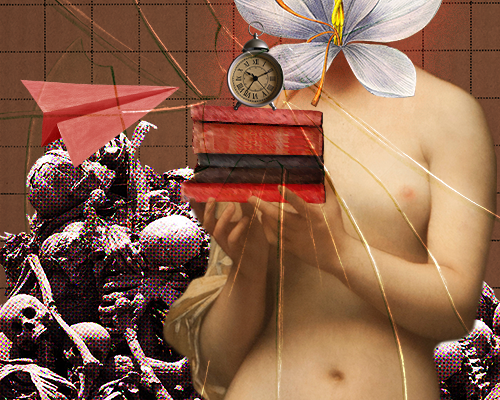 article cover image: a topless feminine figure a crocus flower for a head stands holding a stack of books with an alarm clock on top, behind her is a pile of skeletons and a paper airplane flies towards the clock, a crack fractures the entire image