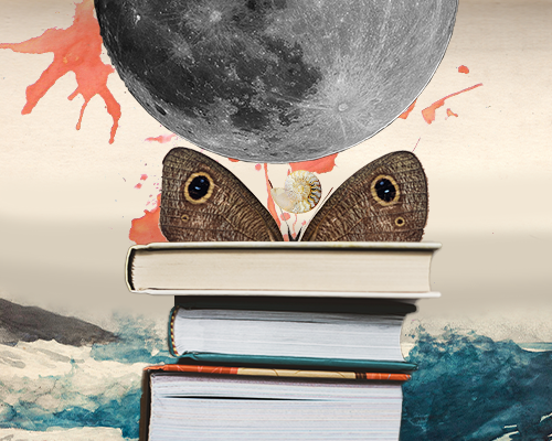 Article 05 cover - a moth peeks over a stack of books on a backdrop of an ocean with red watercolor splatters over it, a gray moon hangs low in the sky above the moth and a shell floats between them