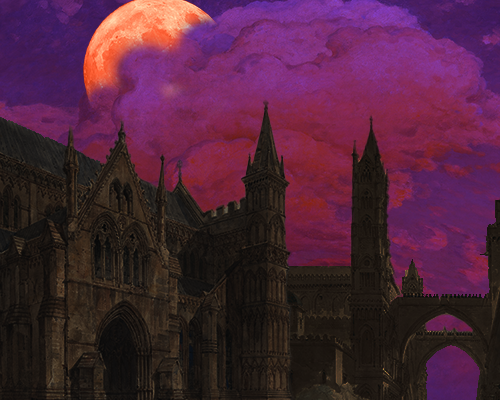 Article 06 cover - a dark cathedral stands before a vibrant purple cloudy sky as a blood red moon descends