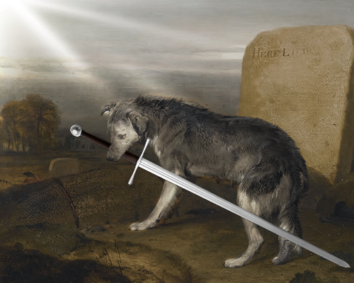 Article 07 cover - a sunburst rains down on a lone wolf standing before a gravestone with a sword in her mouth