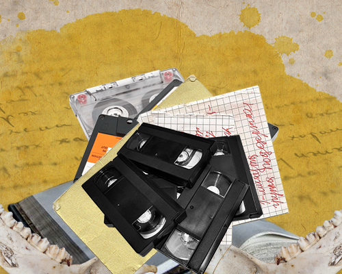 article cover image: a pile of physical media (vhs tapes, cassette tapes, written notes) sit atop an open book bordered by two jaw bones atop a backdrop of yellow-splattered paper with cursive handwriting