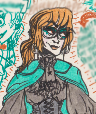 Stylized self-portait depicting myself with bleach brassy blond hair and a Victorian ensemble complete with an emerald cape, surrounded by gilded decorative marks and blurred out text