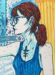 A more realistic pen drawing self-portrait depicting myself with long orange hair in side-profile, surrounded by a pillar and stars