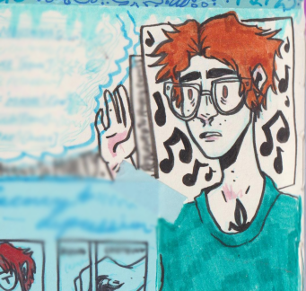 A more cartoon-style depiction of myself with short orange hair staring out exhaustedly to the side of the panel, surrounded by music notes and cut off snippets of comic panels depicting hands