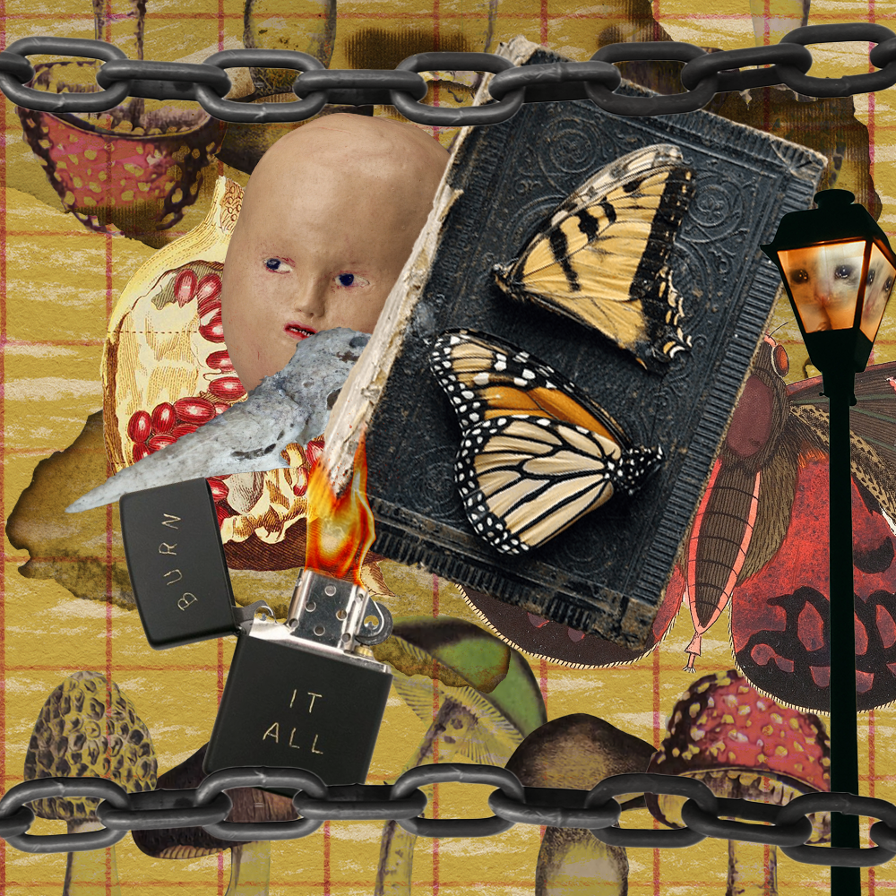 April '22 playlist cover art: over a backdrop of yellow gridlines are large metal chains, a flaming lighter, a book with butterfly wings on top, a large lamp with sadcat faces on its panels, a baby head, a crow skull, mushrooms, a pomegranate, and insect drawings
