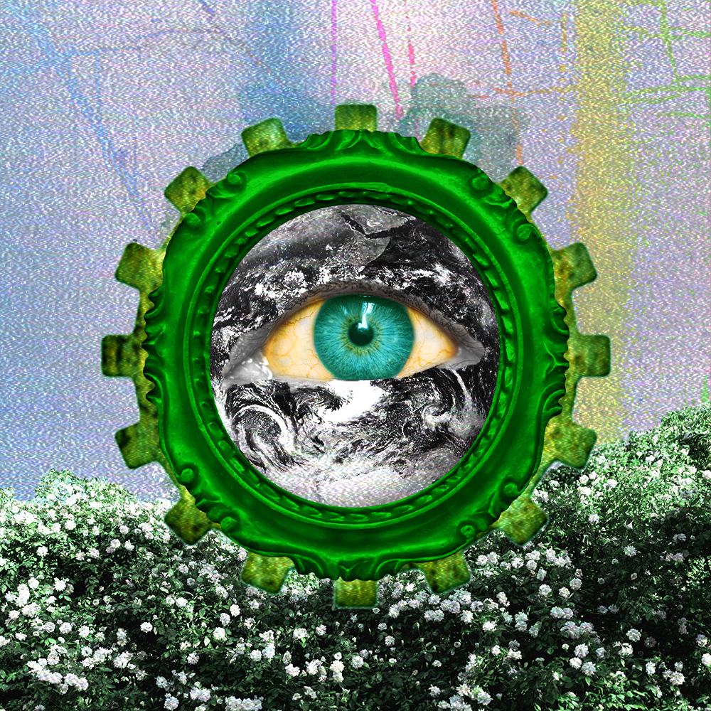 April '24 playlist cover art: a large alien eye is situated on a dark planet framed in a green frame with gear prongs surrounding it, the backdrop is a confusion of cracks and colors, the lowermost portion of the frame is consumed by a riot of flowers.