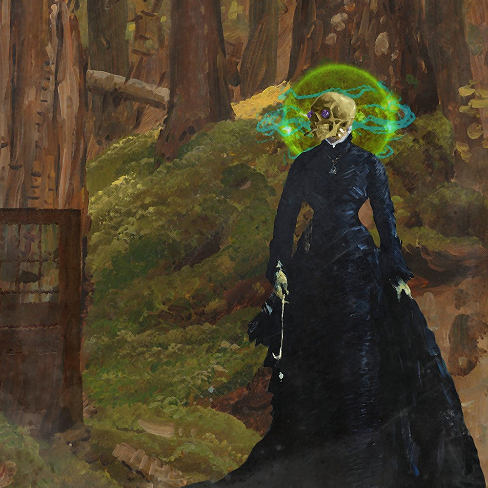August '22 playlist cover art, collage image of a painterly forest background with an old wooden door set in the trunk of a large tree to the left, opposite the door is a tall feminine figure in Victorian mourning garb. Her head is a gilded skull with violet gems set in her sockets. Behind her head is a halo of a green energy orb pulsing with teal energy.