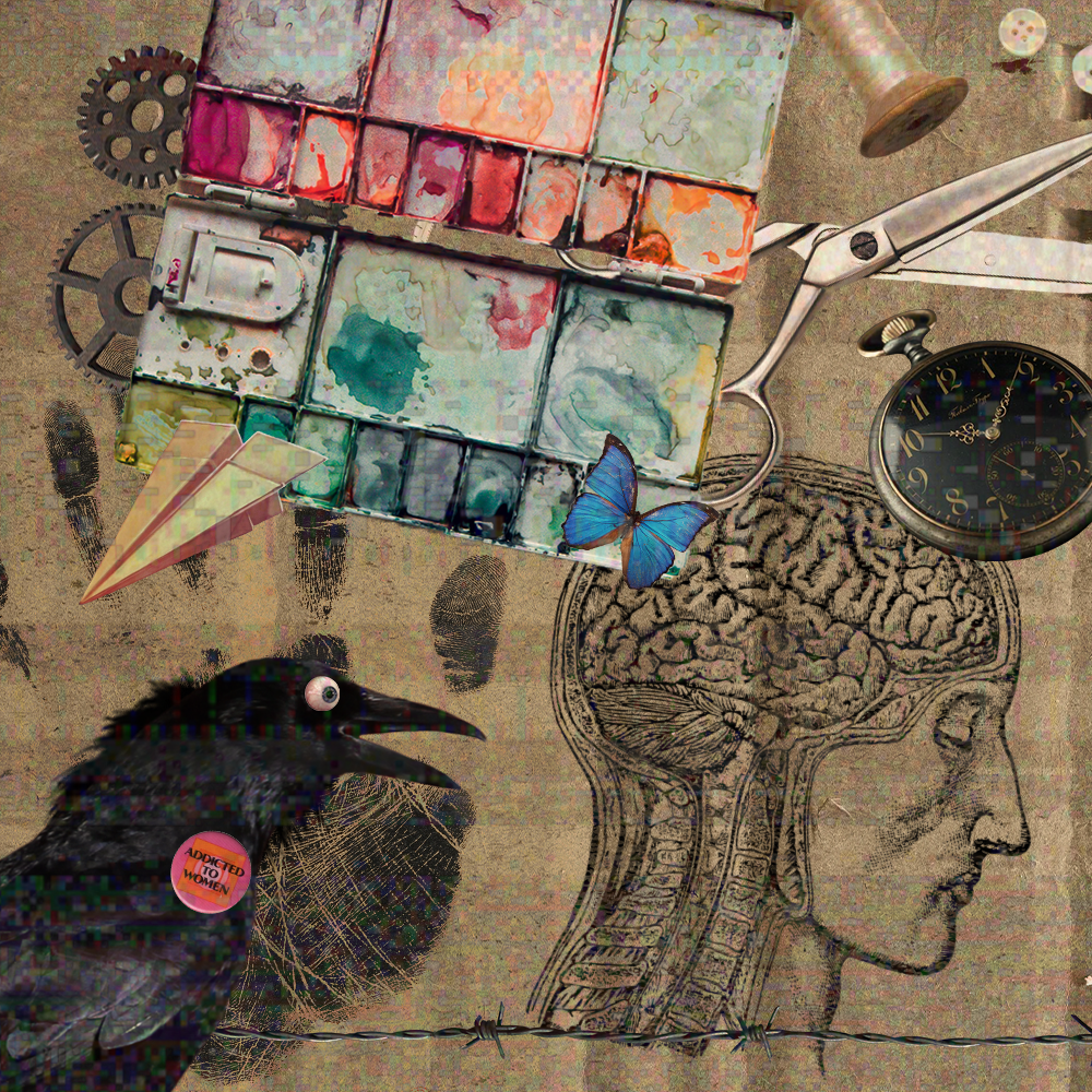 August '23 playlist cover art: a crow with a pronounced human eyeball with a pin that reads addicted to women sits in the lefthand corner beneath a watercolor palette, scissors, a butterfly, a paper airplane, spools of thread, a pocketwatch, buttons, and gears, in the backdrop is glitchy parchment paper with an anatomical drawing of the human head crosssectioned and a dark handprint