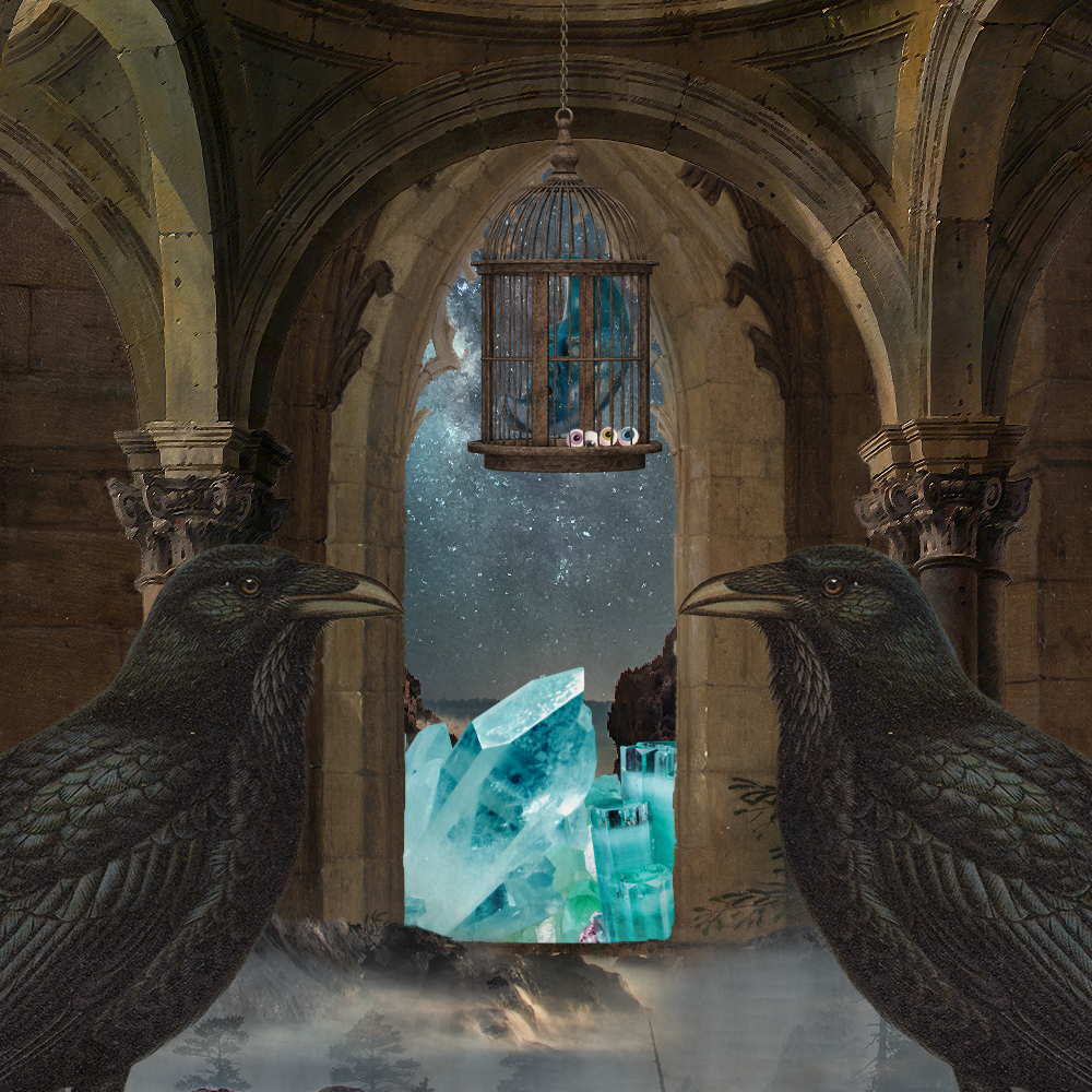 February '22 playlist cover art: two black birds look at each over in front of a foggy elaborate archway from which a birdcage hangs containing a moon mask and different colored eyes, through the arch bright blue crystals are visible and the stary sky hangs above some rocks