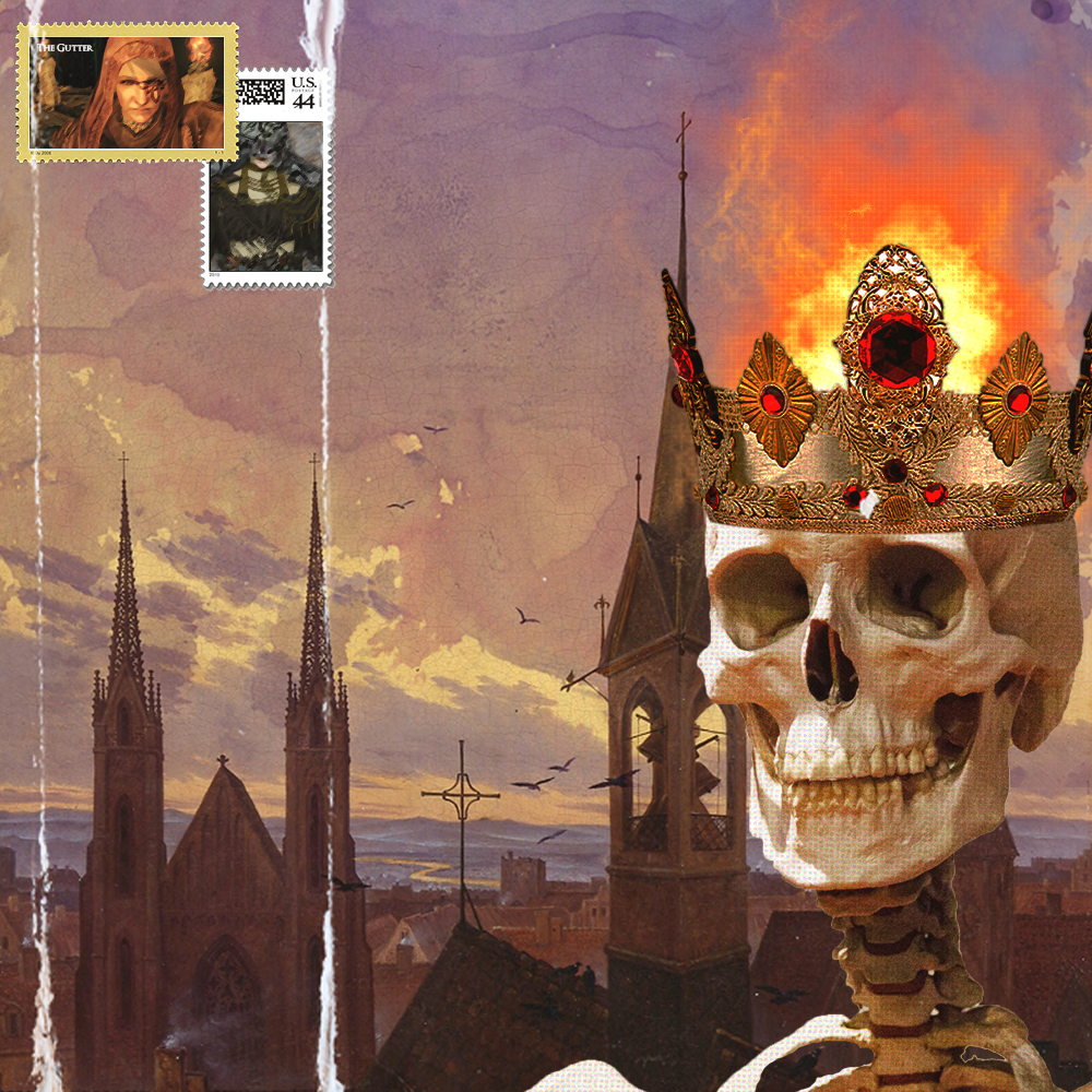 February '24 playlist cover art: a skeleton from the neck up with a flaming crown stares at the viewer from a background of a bleeding sunset sky over cathedrals, in the upper left corner is two stamps with two Dark Souls 2 characters as the art in them: one is a hooded old cleric woman and the other is also hooded, but her face is not visible