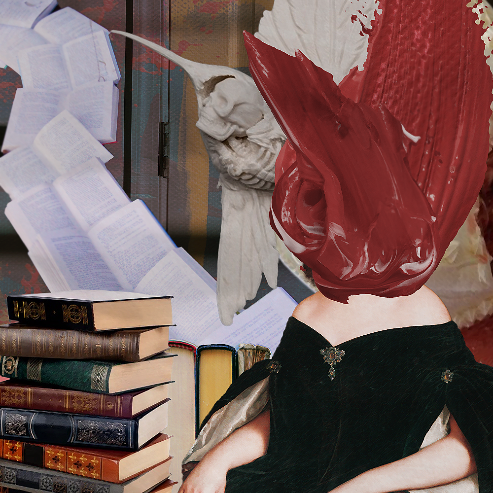 January '22 playlist cover art: a well dressed woman sits with her head exploded into a blur of paint smears, books rest at her side and travel up the canvas, behind her is a hummingbird with a human skull and assorted paint splatters