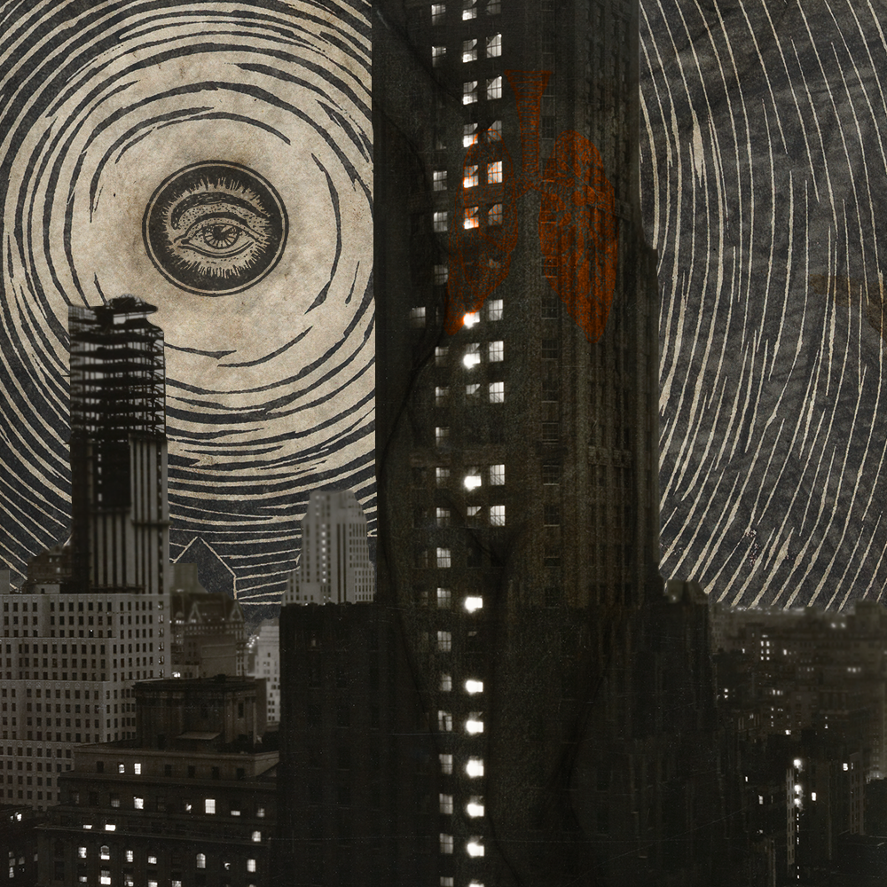 January '23 playlist cover art: a desolate cityscape over which a vague human shape with orange lungs is overlain, the backdrop is thick black ink spirals closing in on an ink-drawn eye in the place of a hot sun