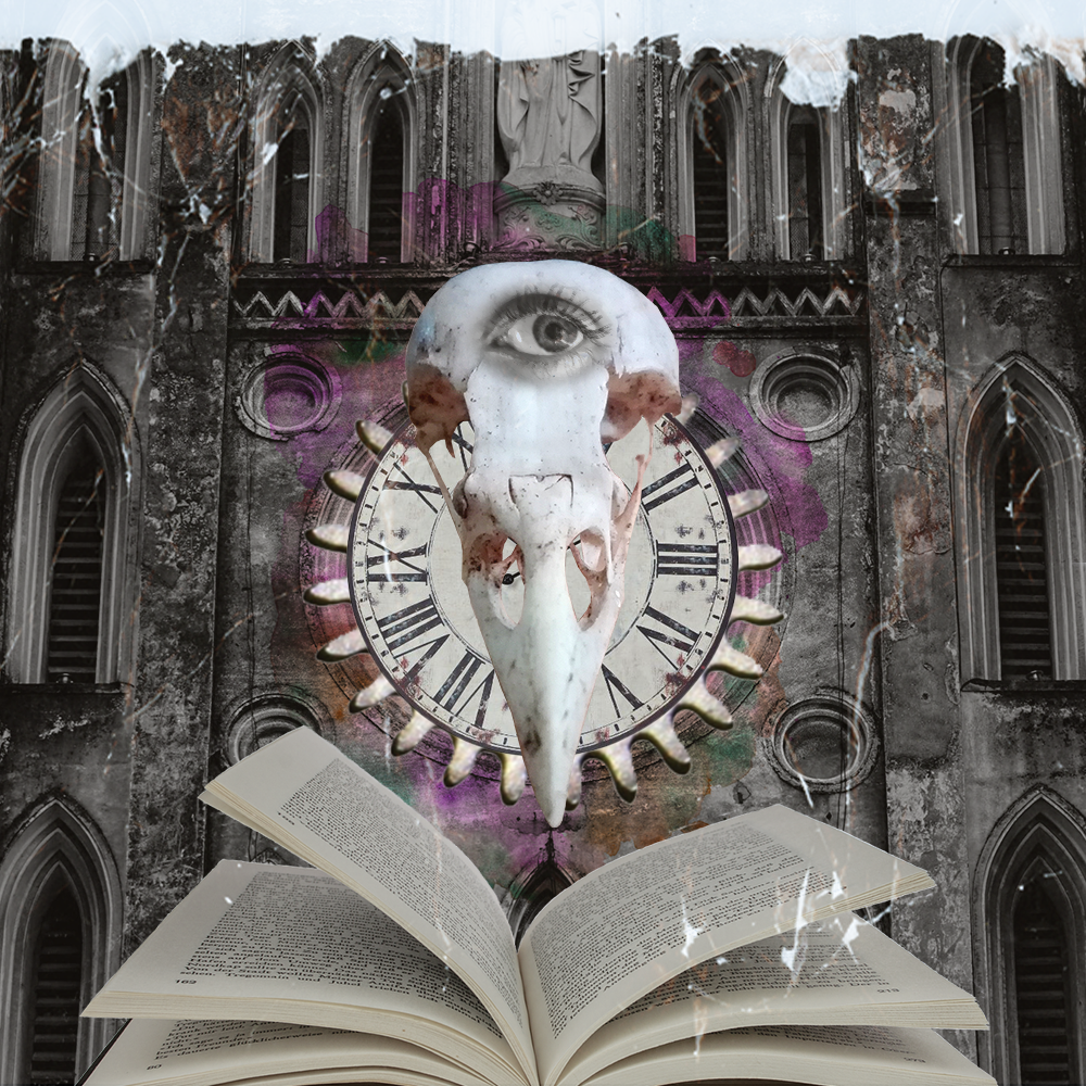 January '24 playlist cover art: a crow skull with an eye at its approximate forehead floats above a gear clock and an open book set over a cathedral backdrop