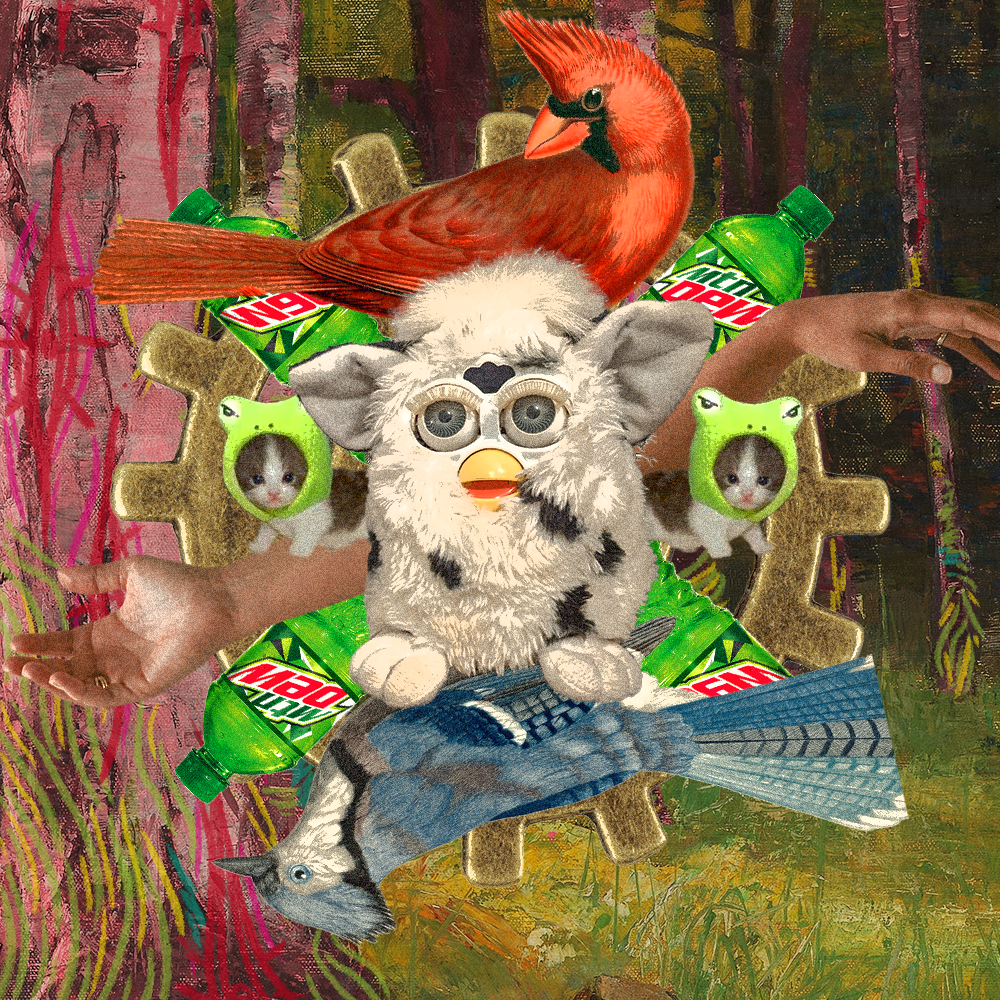 July '22 playlist cover art: a furby sits in the middle of an explosion of mtn dew, frog hat sadcats, a blue jay and a cardinal, outstretched hands, and a large gilded gear on a forested background drawn over in bright neon colors