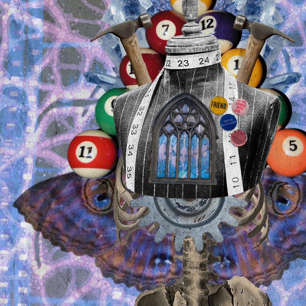 July '23 playlist cover art: a dress form rests atop a human skeletal torso with a cathedral window in its chest revealing a blue set of human teeth, assorted pins are attached to the dress form's chest, behind the form are two hammers and a neatly arranged set of pool balls, below the form is a gear and behind the entire form is large moth wings set out from a backdrop of blue-purple bleeding colors