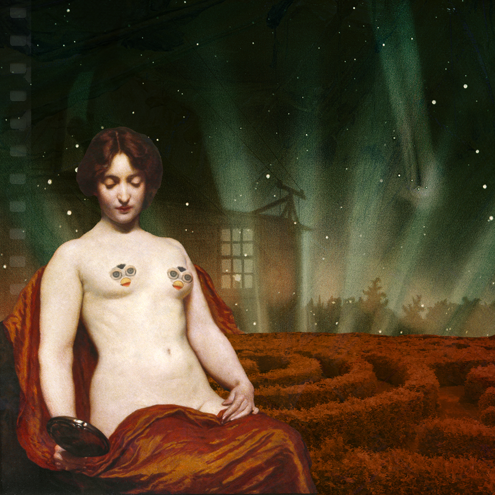 June '22 playlist cover art: a nude woman admires herself in a hand mirror, her breasts are censored with furby faceplates, her blanket morphs into a red hedge labyrinth past which a house with a telescope is seen overlooking a night sky streaked by a comet