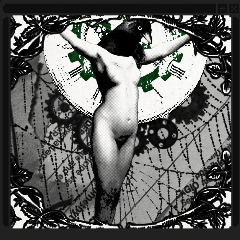June '23 playlist cover art: a nude figure with spread arms, a bird head, and a y-incision scar stares down on a backdrop of clocks, gears, and spiderwebs, an ornate black and white frame surrounds the image