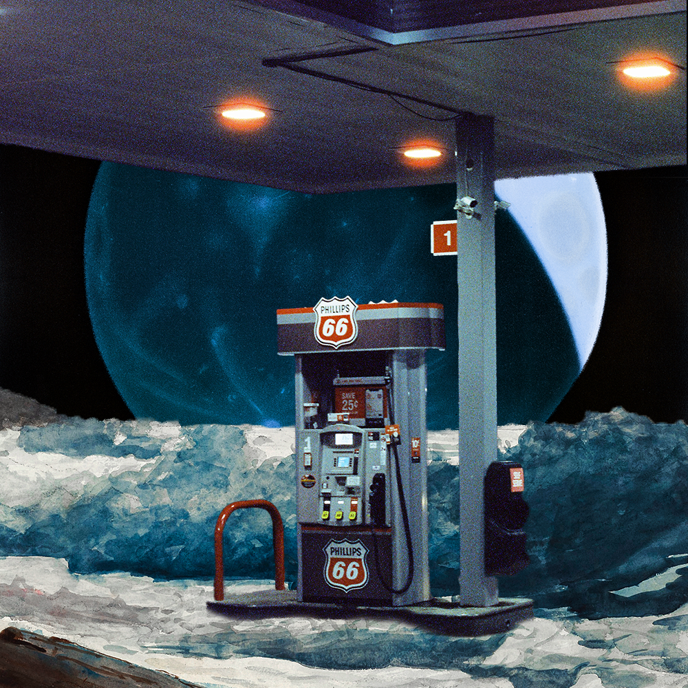 March '22 playlist cover art: a gas station melds with a frothing ocean, behind it a large moon rests in the dark void of night