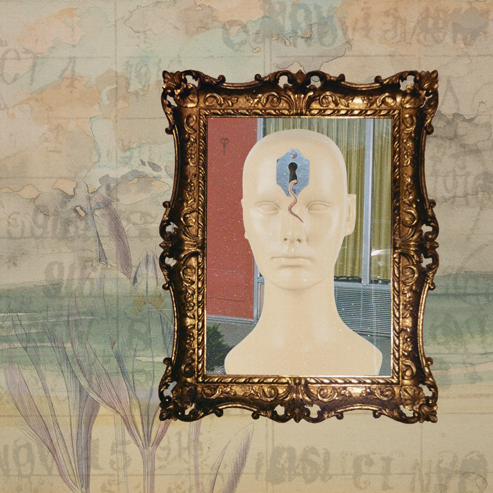 March '23 playlist cover art: a frame rests above a backdrop of faded stamps and crocuses on paper, the frame contains an image of a mannequin head with a keyhole on its forehead from which a worm dangles, behind the head is the front door of a motel