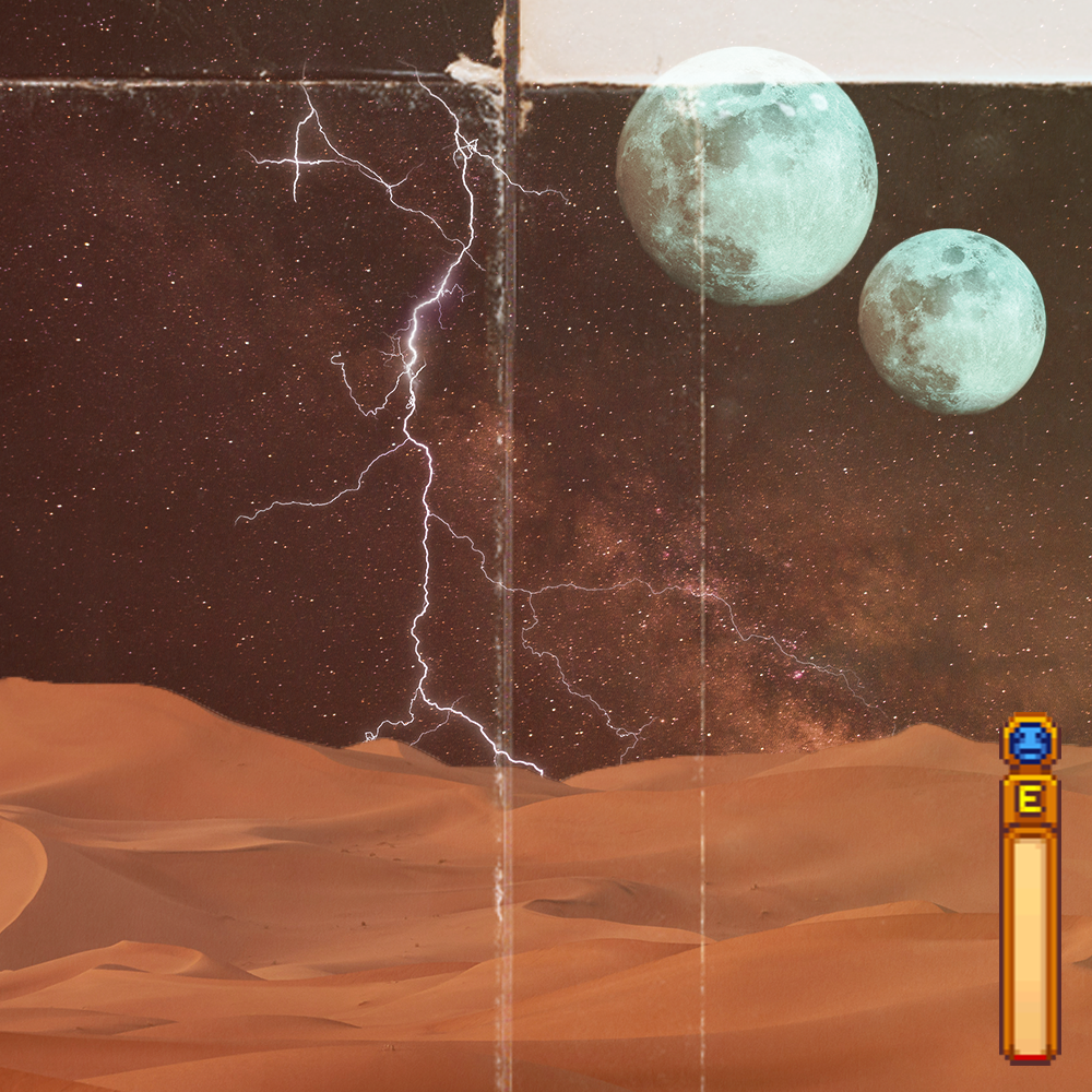 March '24 playlist cover art: a desolate desert landscape seen through a cracked paper filter beneath a stary sky with two moons and lightning striking the sands, the exhausted energy bar from Stardew Valley sits in the righthand corner