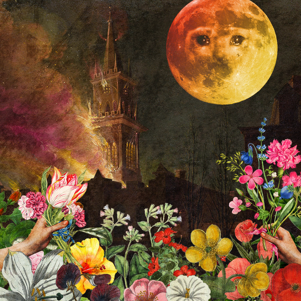 May '22 playlist cover art: a red moon with a sadcat face overlooks a flaming cathedral, a number of flower drawings line the foreground with hands reaching out to present flowers