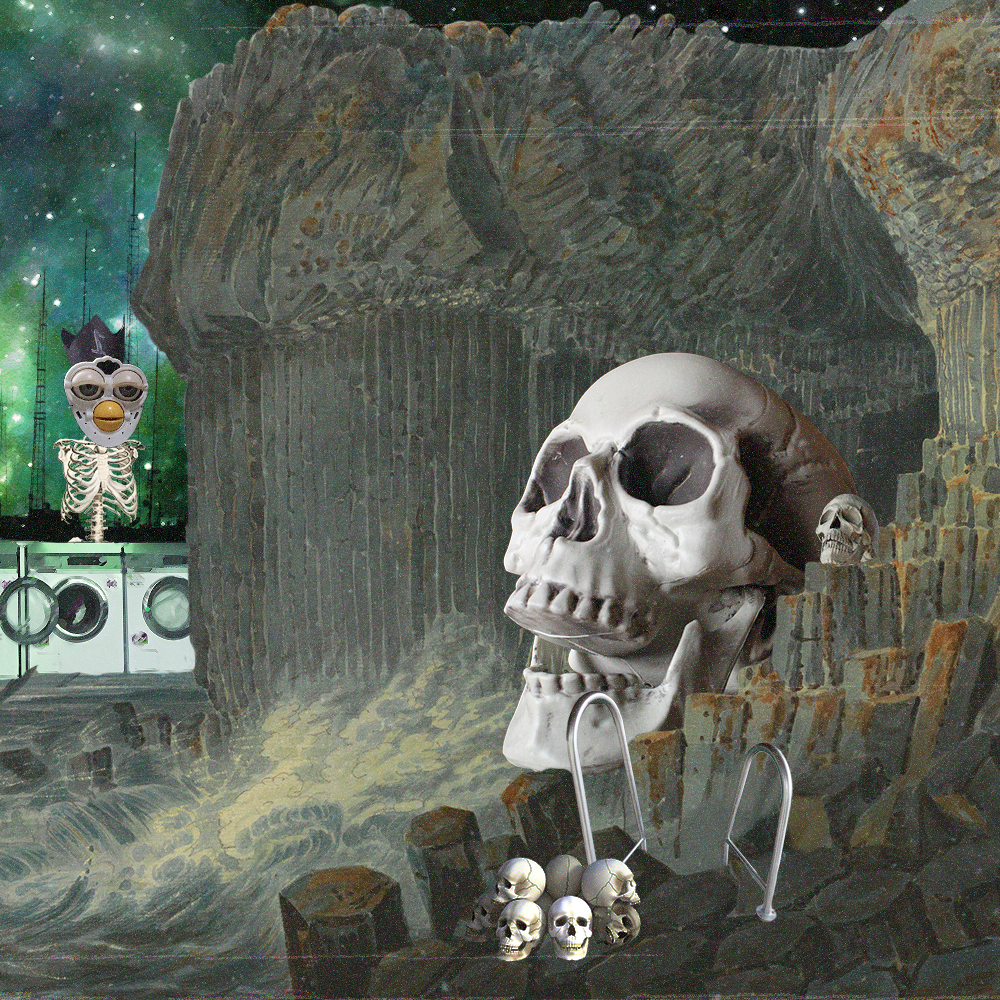 May '23 playlist cover art: a landscape of basalt columns with a massive skull peaking out from a crevice alongside a lot of other smaller skulls, a pool ladder descends past the cliff closest to the lowermost edge, a laundry machines line the horizon from behind which a skeleton with a massive crown-wearing furby faceplate with a skeletal torso stands, behind them is a green starry sky with electrical towers
