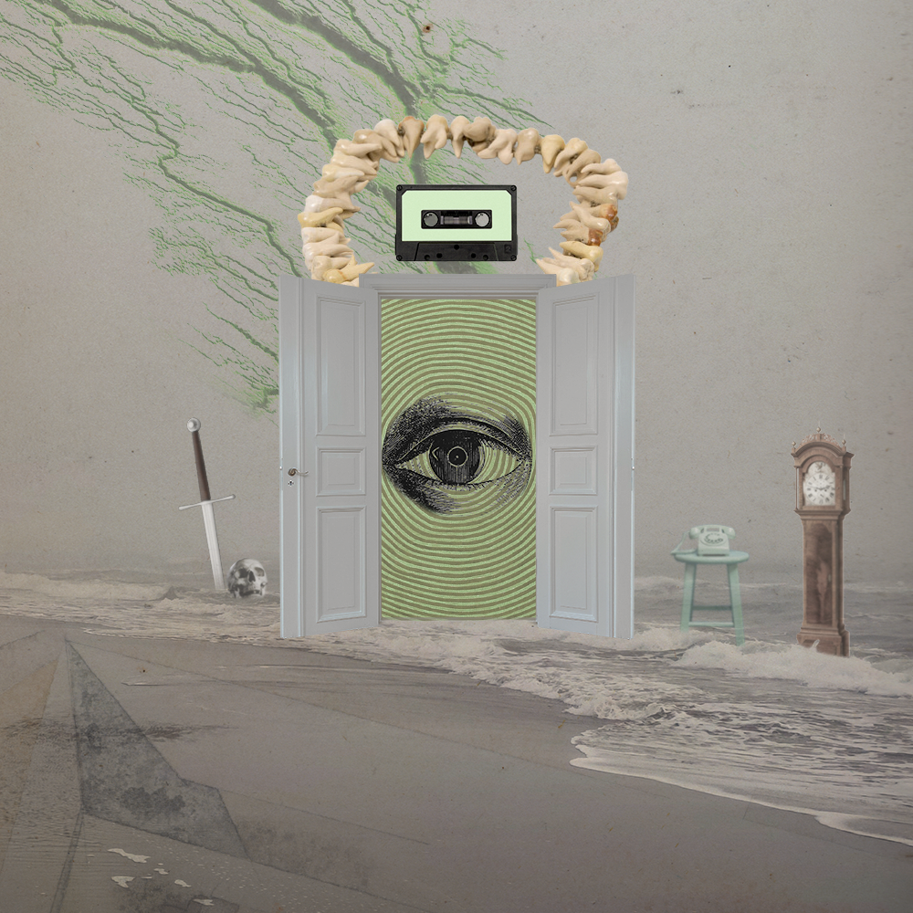 November '22 playlist cover art: a dreary gray beach with a green cracking sky converges on an open door sitting in the waves containing a spiral pattern leading down to an ink-drawn eye, a sword is plunged into the earth next to a skull, a green telephone sits in the waves on a green stool, a grandfather clock is beside it, above the door is a floating cassette tape ringed by strung together teeth