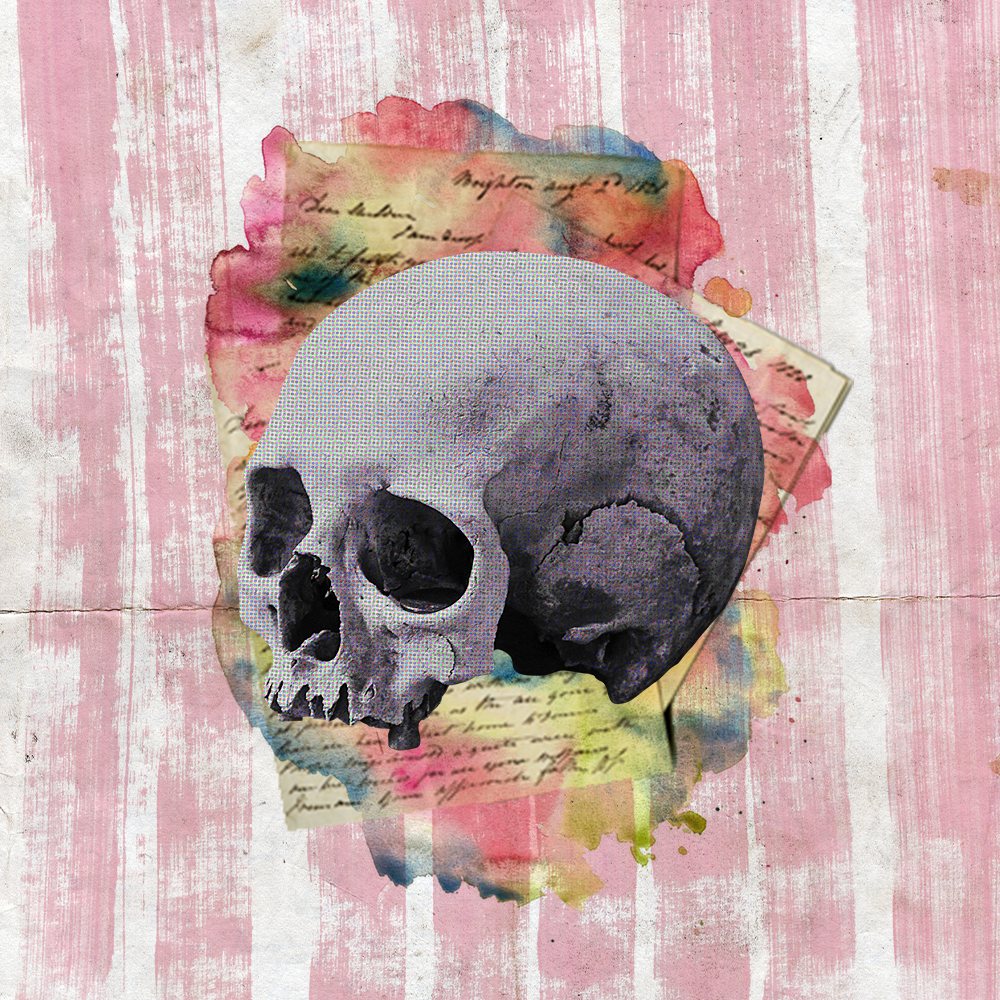 November '23 playlist cover art: a halftone skull sits in front of handwritten papers soaked in rainbow watercolor on a backdrop of streaky pink marker lines