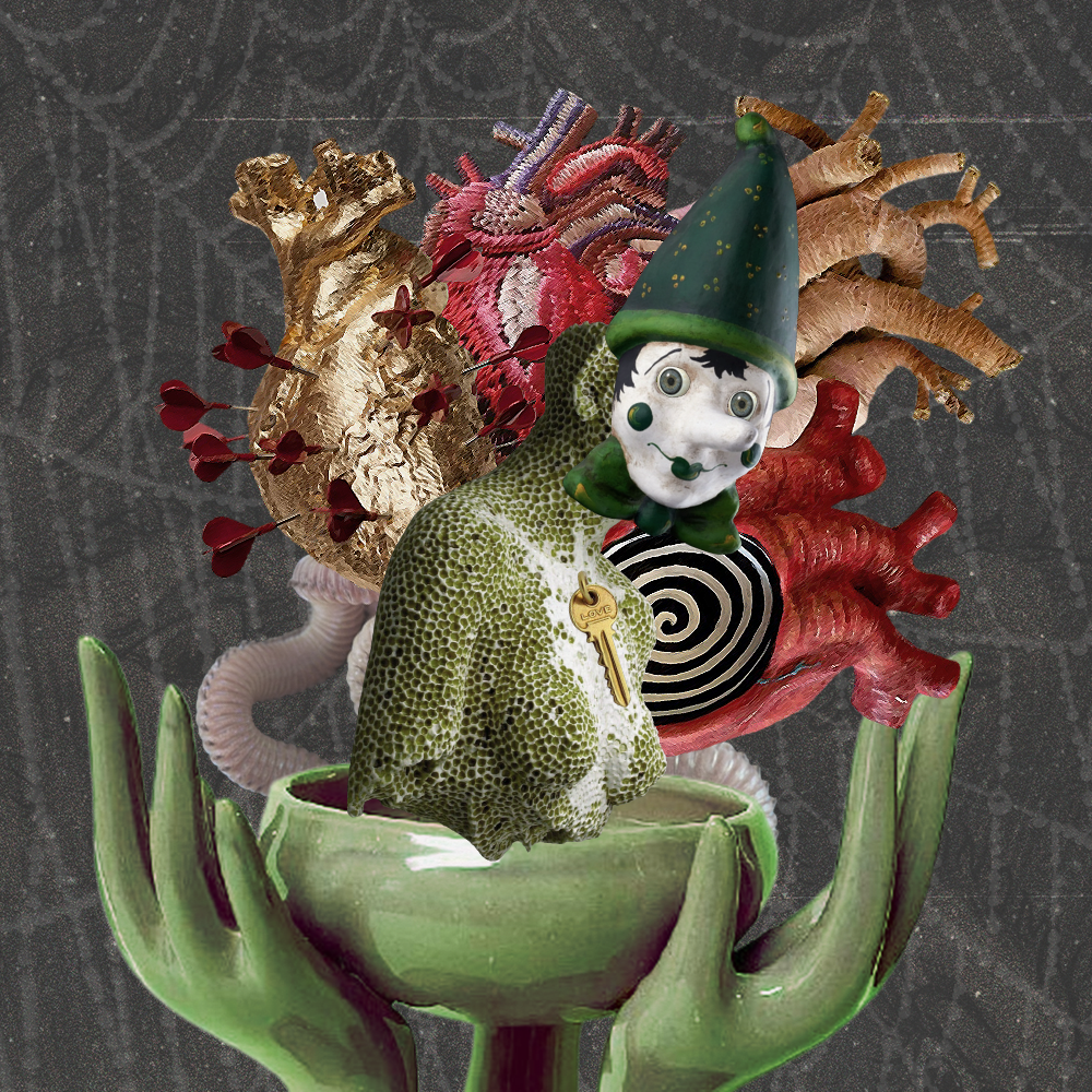 October '22 playlist cover art: a hole-covered upper torso wearing a clown mask with a key attached to its chest sits in a bowl held up by large green hands, behind it is an assortment of hearts and worm-like tentacles over a spiderweb backdrop