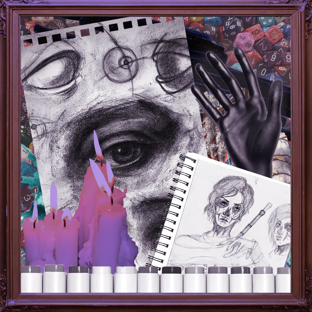 October '23 playlist cover art: a framed image with a row of markers at the bottom, melting candles, a notebook with drawings of Harrowhark Nonagesimus from the Locked Tomb books, a dark mannequin hand, and a torn out page with studies of the human eye all stand before a backdrop of assorted dice