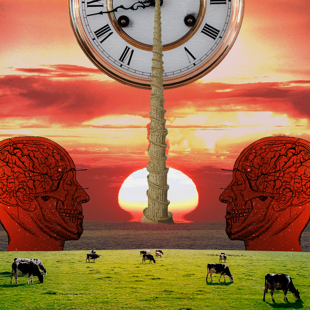 September '22 playlist cover art: cows graze before a sunset tower with a nucelear explosion on the horizon, two anatomical side profile diagrams of the human head look inwards towards the tower, above the tower is a large clock