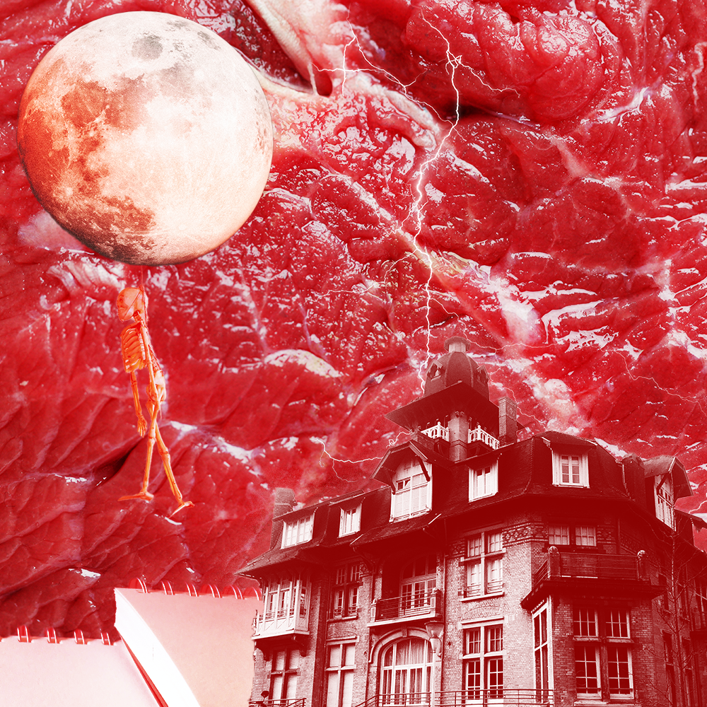 September '23 playlist cover art: a house accompanied by a stack of notebooks is cast in red beneath a meat-textured sky from which lightning strikes, a red moon sits low in said meat sky